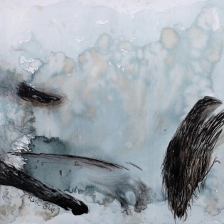 Le vol d'un oiseaux encre et fusain sur toile, 100 x 100 cm