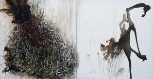 Sonorité végétale encre et brou de noix sur toile, 200 x 100 cm